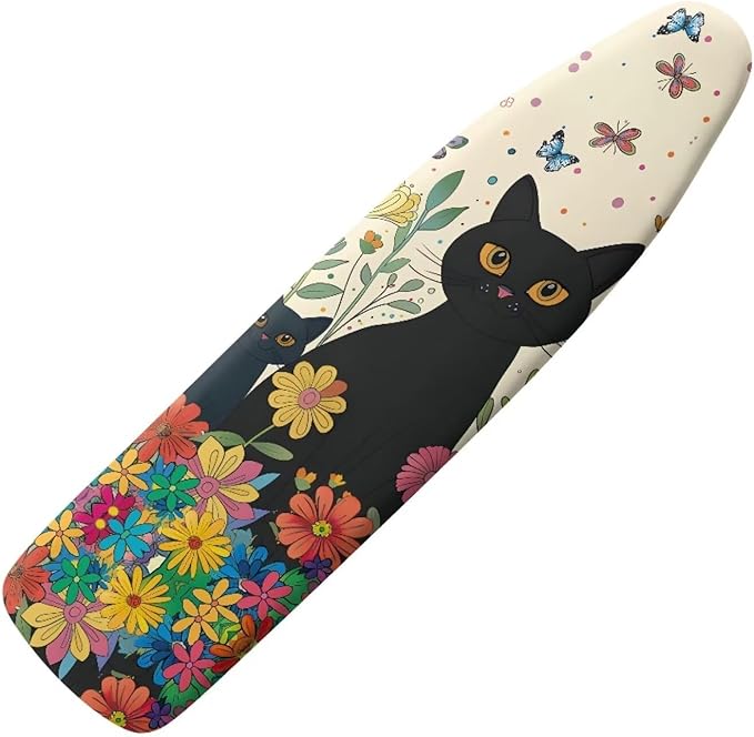 GLENLCWE Black Cat Colorful Flower Ironing Board Cover,Cute Cat Print Thick Ironing Board Cover with Padding 15x54 Inch Dust Cover with Elastic Edge Non Slip&Heat Reflective