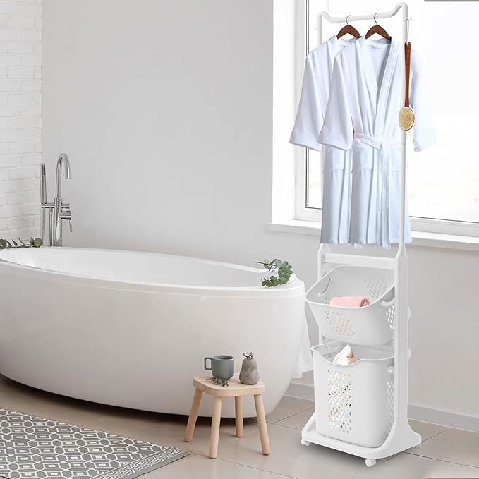 Laundry Sorter Cart with Clothes Rack 2 Layer Laundry Hamper Basket with Hanging Stand Dirty Clothes Storage Basket with 4 Wheels Simple Storage Shelf for Bathroom Cloakroom Bedroom White