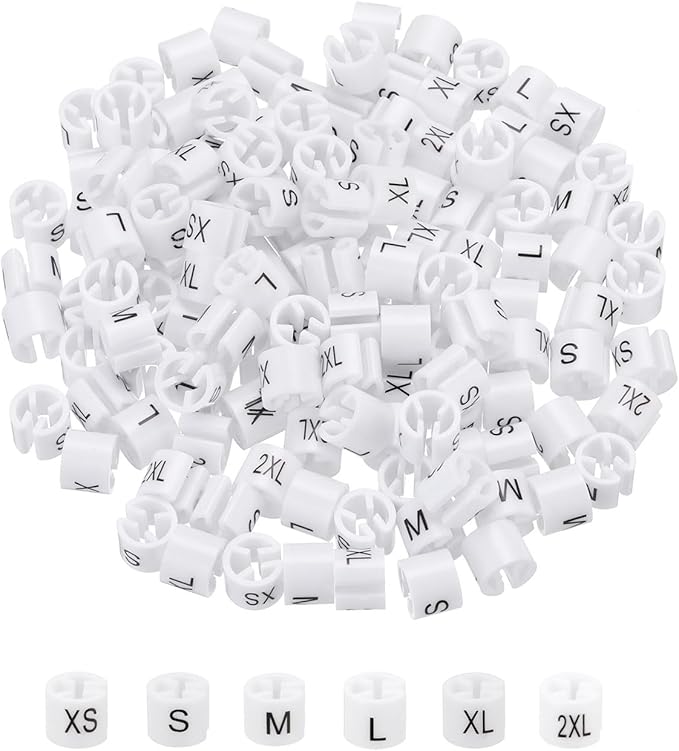 MECCANIXITY Clothes Hanger Marker XS/S/M/L/XL/2XL Size Tag Fit 3mm Rod White for Garment Clothing Color Coding, 300Pcs
