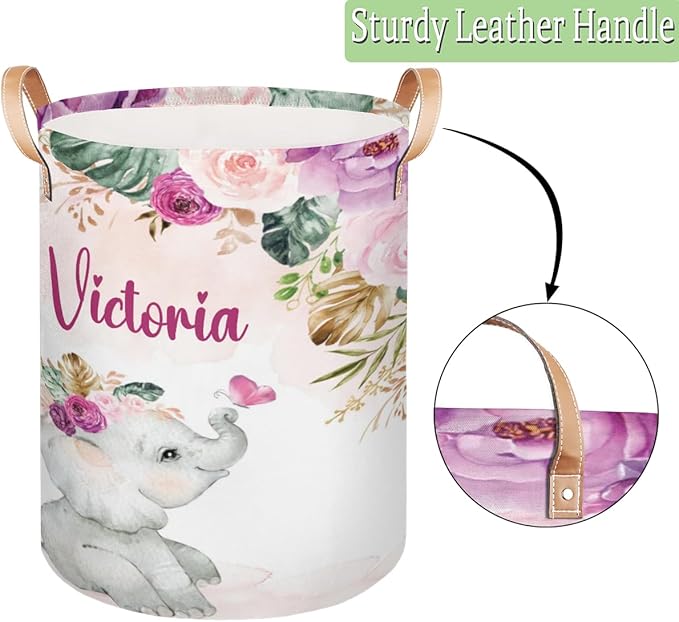 Personalized Laundry Basket, Custom Gift Laundry Hamper, Collapsible Nursery Waterproof Laundry Baskets, Dirty Clothes Toy Hamper with Handles Purple Blush Floral Elephant