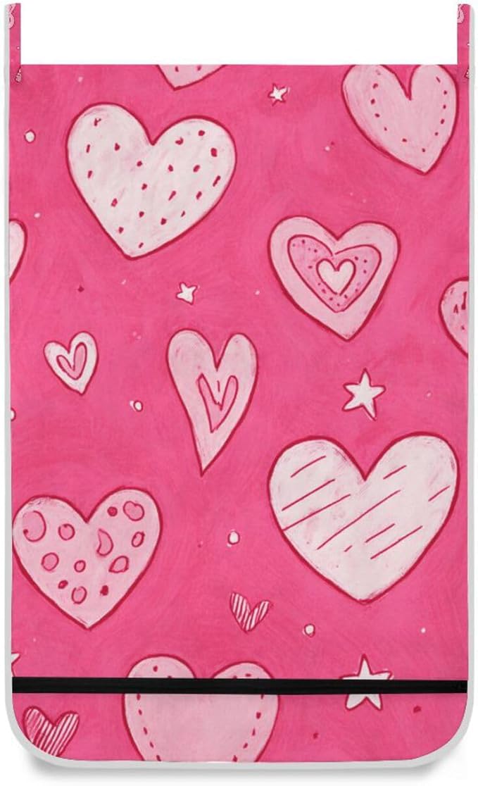 Hot Pink Hearts Stars Hanging Laundry Hamper Door Hampers Bag Basket with Stainless Steel Hooks Oxford Fabric Printing Decorative Clothes Bags 29.5X20inch 1Pack