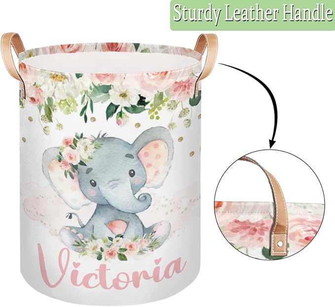 Personalized Laundry Basket, Custom Gift Laundry Hamper, Collapsible Nursery Waterproof Laundry Baskets, Dirty Clothes Toy Hamper with Handles Blush Floral Elephant Girl