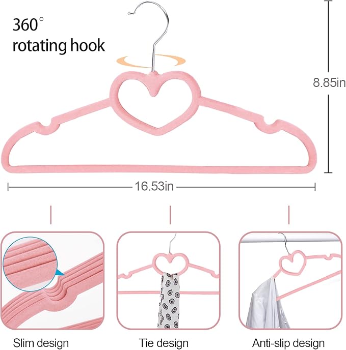 Velvet Hangers Pack of 20, Non Slip Standard Clothing Adult Heart-Shaped Clothes Hanger, Notches 360 Degree Swivel Hook Felt Hangers, for Heavy Coats, Jackets, Office Suits,Undergarments,Pink