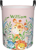 Cute Jungle Animals Customized Laundry Basket with Name Collapsible Waterproof Organizer Bin Laundry Hamper with Handle for Clothes Toys Bedroom.