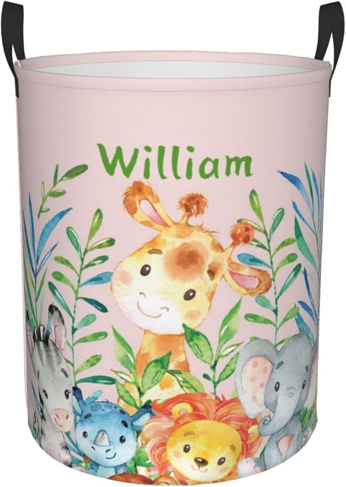 Cute Jungle Animals Customized Laundry Basket with Name Collapsible Waterproof Organizer Bin Laundry Hamper with Handle for Clothes Toys Bedroom.