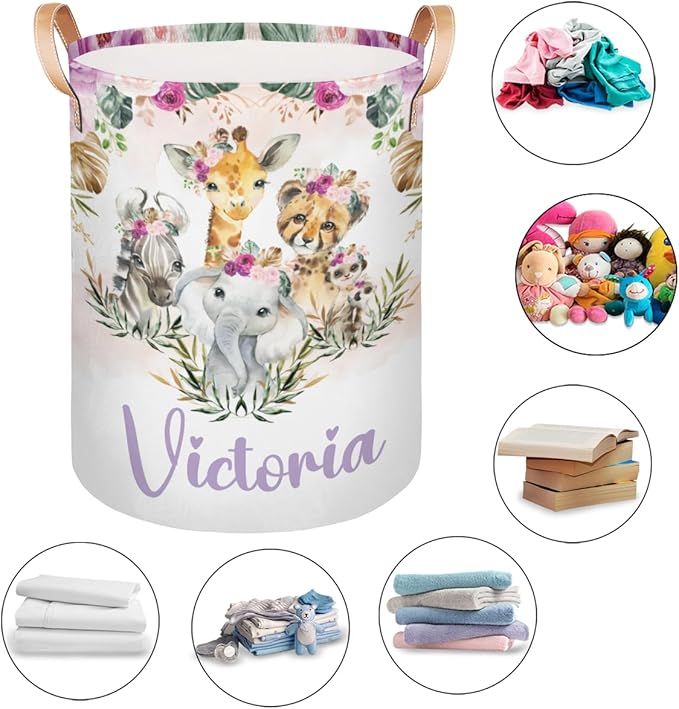 Personalized Laundry Basket, Custom Gift Laundry Hamper, Collapsible Nursery Waterproof Laundry Baskets, Dirty Clothes Toy Hamper with Handles Boho Jungle Animals