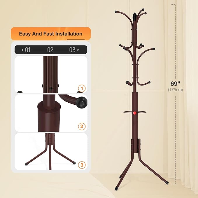 Coat Rack Freestanding,12 Hooks Metal Coat Racks with Umbrella Holder,Sturdy Hall Rree,Easy Assembly Coat Rack Stand for Hanging Scarf,Purse,Hats,Jacket(Brown)