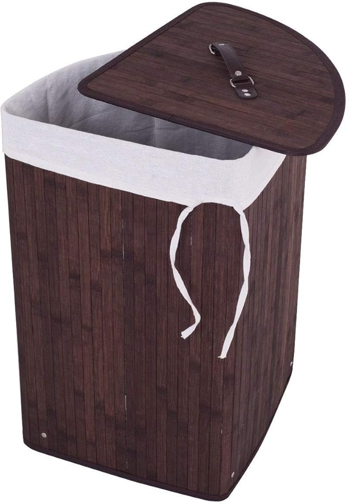 GOFLAME Corner Bamboo Laundry Hamper with Lid and Removable Liner, Washing Clothes Basket Storage Bin with Handle, Suitable for Bedroom, Bathroom, Laundry (Brown)