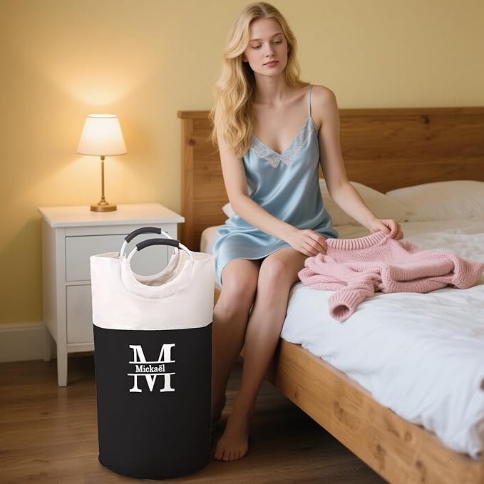 Personalized Collapsible Laundry Baskets Custom Clothes Basket with Initial Name Laundry Hamper 90L Large Dirty Clothes Basket for Bathroom (With Handle)