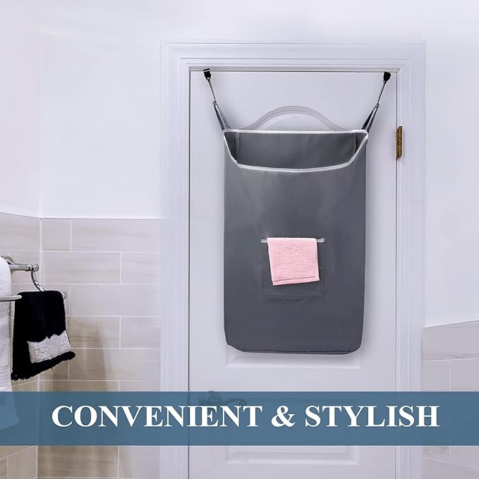The Fine Living Co. X-Large Hanging Laundry Hamper with Over Door Hooks & Adhesive, Durable Space Saving Laundry Bag with Zipper and Wide Open Top,Hanging Dorm Laundry Hamper 20"x3.75"x31" (Gray-XL)