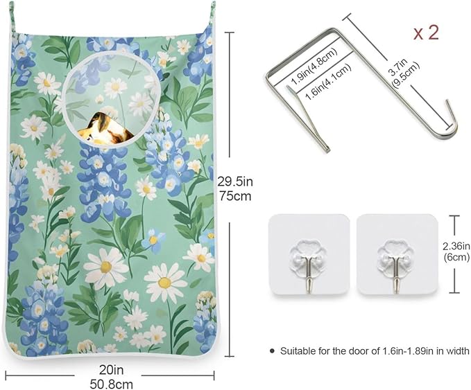 Mint Green Bluebonnet and Daisies Hanging Laundry Hamper Door Hampers Bag Basket with Stainless Steel Hooks Oxford Fabric Printing Decorative Clothes Bags 29.5X20inch 2Pack