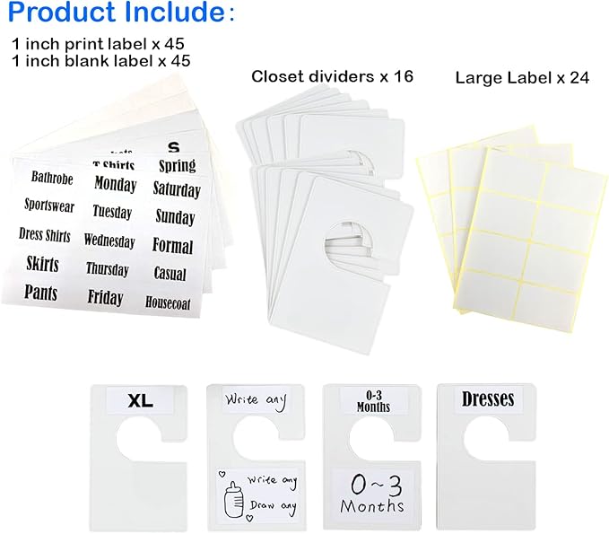32 Pack White Clothing Rack Size Dividers Plus 150 Labels (1 Inch) and 40 Large Blank Labels, Large Rectangular Clothing Closet Dividers (Pearl White)