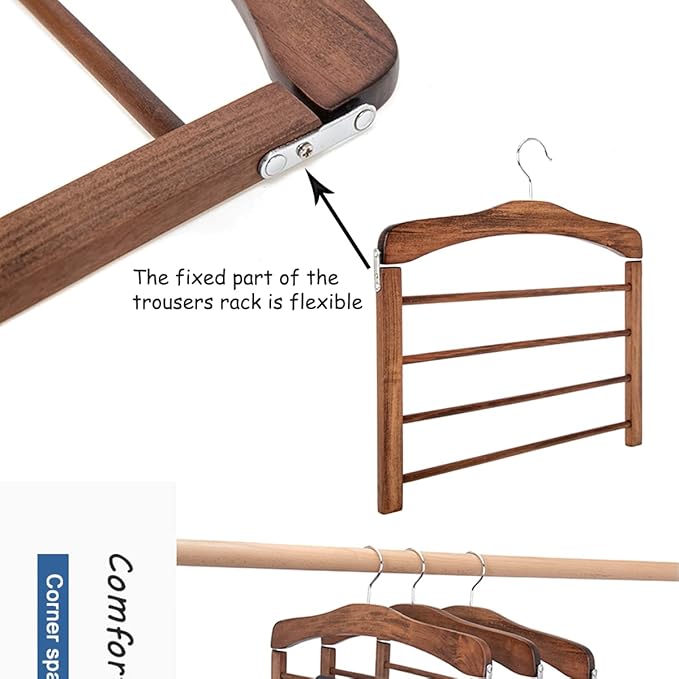 Wooden Pant Hanger Space Saving - 4 Tier Closet Storage Hanger Organizer for Jeans Legging Scarves Pants Towels, 3 Packs, Wood