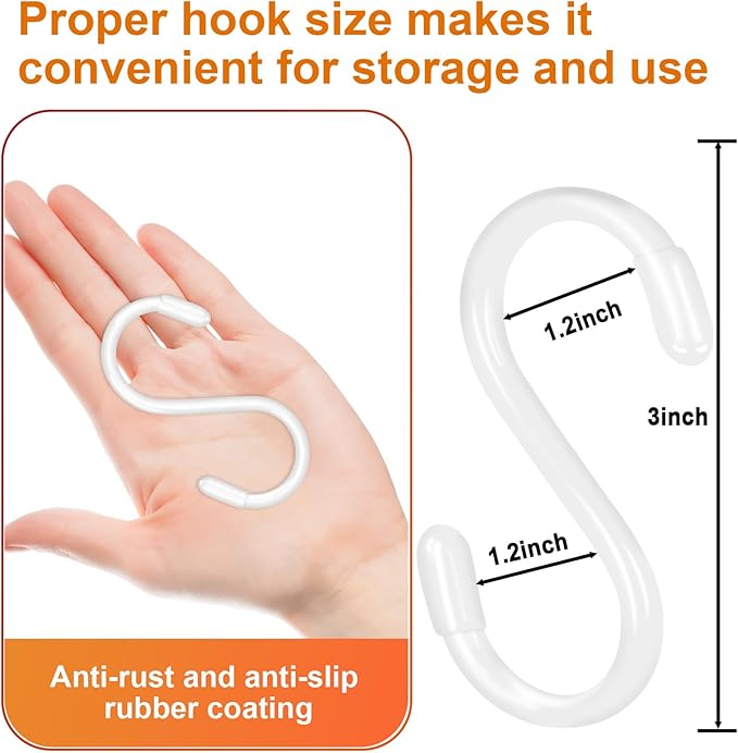 HiGift 24 Pack 3 Inch S Hooks White, Non Slip Vinyl Coated S Hooks for Hanging Plants, Metal Rubber Coated Closet S Hook for Hanging Plant Jeans Clothes Kitchen Pot Pan Cup Towels Bags