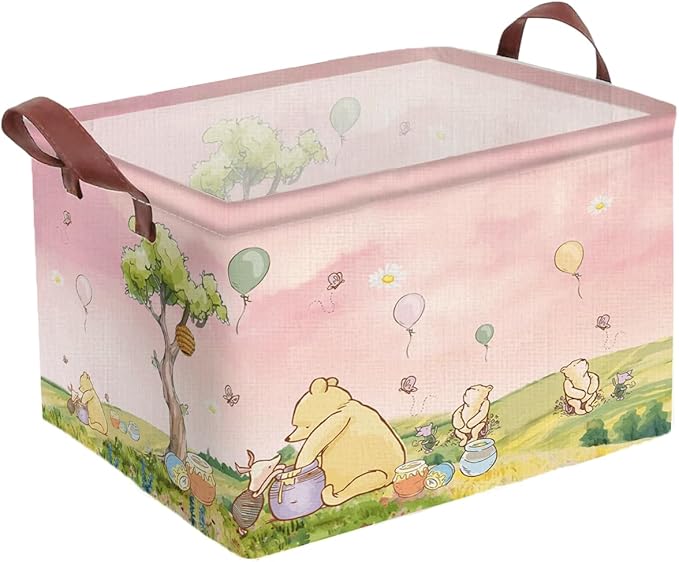 Greatingreat Pink Winnie Foldable Laundry Hamper, Circular Canvas Storage Basket with PE Coating, Collapsible Clothes Organizer for Home, Nursery, and Bedroom