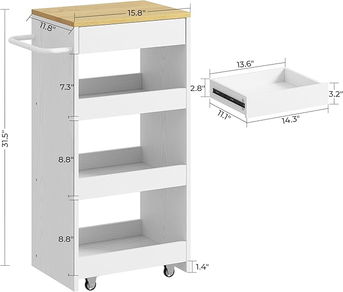 IRONCK Slim Storage Rolling Cart with Drawer and Wheels and Handle, 4 Tier Slide Out Utility Kitchen Cart for Small Spaces Kitchen Laundry Narrow Places, 11.8" D White