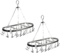 Sock Hanger for Drying with 26 Clips - Aluminum Hanging Drying Rack Set for Underwear, Baby Clothes & Delicates | Wind-Resistant Hooks & Oval Design (Silver) - 2 Pack