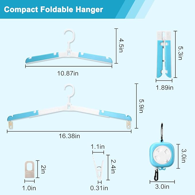 6 Pack Fodable Travel Hangers with Clips & Adjustable Clothesline, Portable Collapsible Hangers with Storage Bag for Suitcase, Hotel, RV, Cruise Essentials Set (Blue)