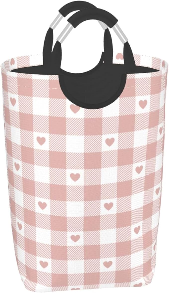 Cute Heart Laundry Basket Pink Buffalo Plaid Foldable Laundry Hamper Checkered Collapsible Laundry Baskets with Handles Clothes Hamper Laundry Tote Bag for Dorm Family Storage Bin 50L