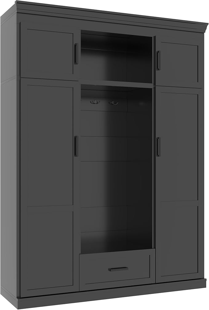 85.2''H Hall Tree with Bench and 3 Hooks, Modern Large Hall Tree with 5 Drawers and Adjustable Shelves, Entryway Storage Organizer Cabinet with 4 Doors for Hallway, Living Room (Black/509)