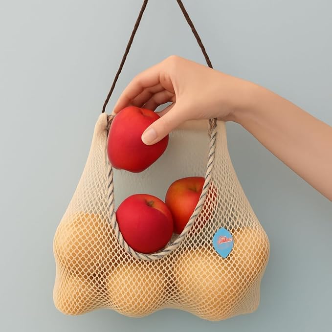 Durable Reusable Hanging Storage Mesh Bags for Fruits, Vegetables, Garlic, Ginger & Potatoes, Kitchen Storage Mesh Bag, Breathable Storage Bags for Pantry, Home Decor & Kitchen Decor (2 white bags)