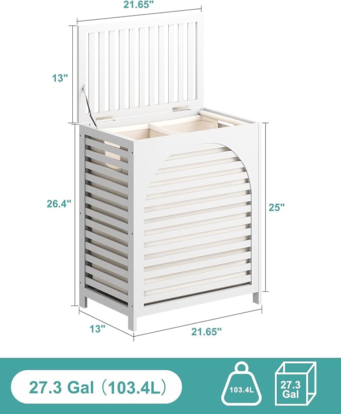 White Laundry Hamper, Laundry Hamper with Lid, 27.3 Gallon (103L) Bamboo Wood Clothes Laundry Basket with Lid and Handles, Removable Liner