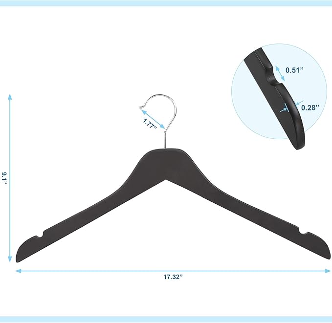 TOPIA HANGER Black Wooden Hangers 30 Pack, 0.28-inch Thick Slim Wood Clothes Hanger with Flat Design and Smooth Notches, Lightweight Space Saving Hangers for Shirt, Coat, Camisole-CT31B
