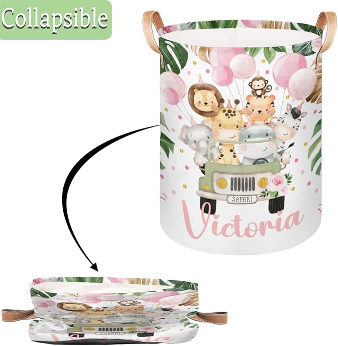 Personalized Laundry Basket, Custom Gift Laundry Hamper, Collapsible Nursery Waterproof Laundry Baskets, Dirty Clothes Toy Hamper with Handles Jungle Safari Animals