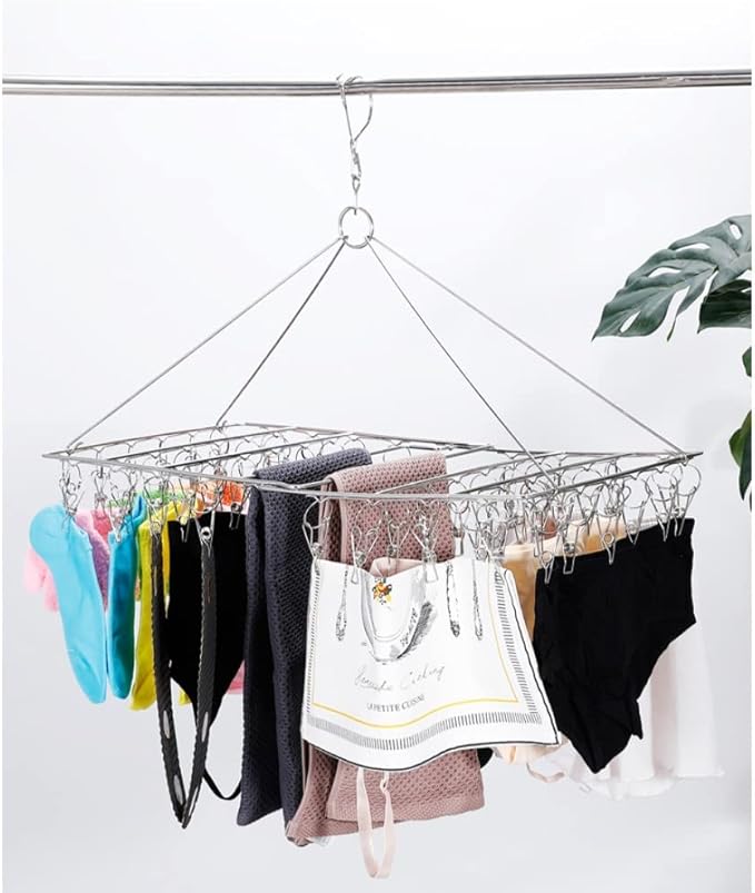 2 Pack Large Collapsible Clothes Drying Hanger, Stainless Steel Metal Laundry Drying Rack for Sock, Diapers, Underwear, Lingerie, Hat, Mask and Herbs (Total 104 Clips)