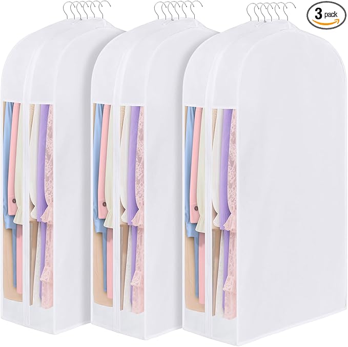 Kntiwiwo 43" Premium Cotton Garment Bag for Hanging Clothes, Breathable Suit Bags for Closet Storage with Extre Large 10" Gusseted & Clear Window, Dust Cover with Zipper for Suits, Jacket, 3 Pack