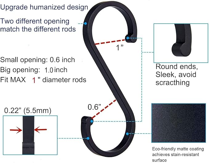 GAViA Heavy Duty S Hooks, S Shaped Hooks Hanging Hooks Matte Black S Hooks for Hanging Pots and Pans, Plants, Coffee Cups, Clothes, Bags, Towels in Kitchen, Bedroom, Office, Garden, Bathroom, 20 Pack