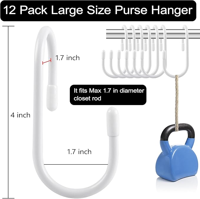 12 Pack Heavy Duty Twist Design Purse Hanger for Closet - Anti-Slip Vinyl Coated Metal 4 inch Large S Hooks, Multipurpose Organizer for Purses, Handbags, Belts, Scarves, Hats, White