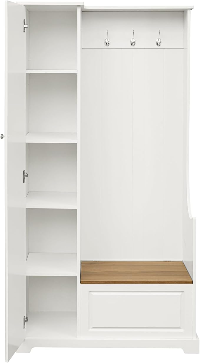 Versatile Design Hall Tree with Flip-Up Bench, 4-in-1 Minimalist Hallway Coat Hanger Shoe Cabinet with Adjustable Shelves, Entryway Coat Rack with Hanging Hooks for Entryways, Mudroom (White-35)