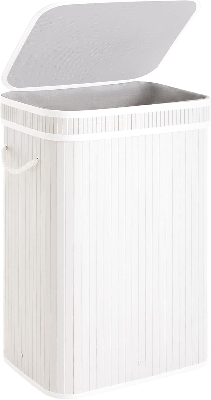 StorageWorks Laundry Hamper with Lid, Foldable Bamboo Laundry Basket, Clothes Hamper with Handles, Organizer and Storage for Laundry Room, Bedroom, Dorm, White