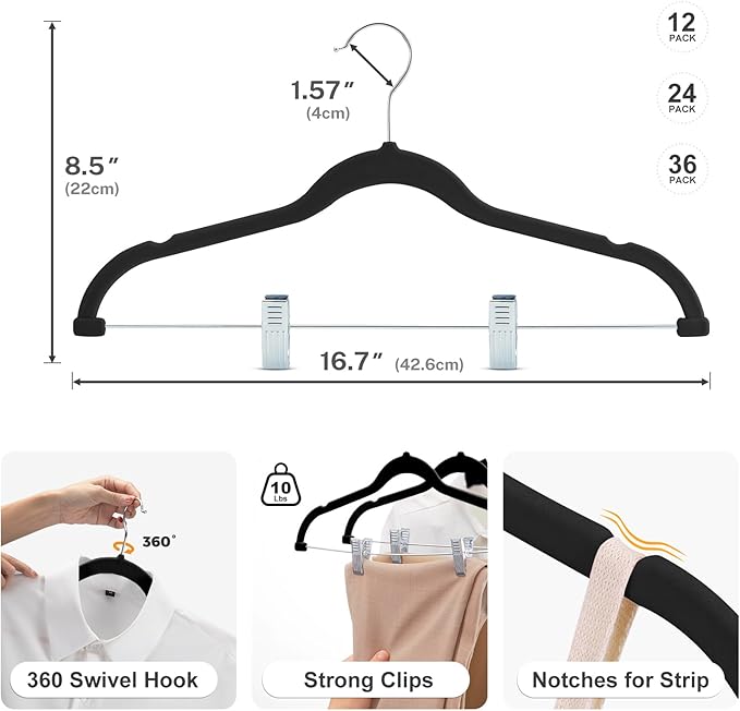 HOUSE DAY Velvet Skirt Hangers 36 Pack, Black Velvet Pant Hangers with Adjustable Clips, Space Saving Slim Shorts Hanger, Heavy Duty Non Slip Clip Hanger for Pants, Skirts, Shorts