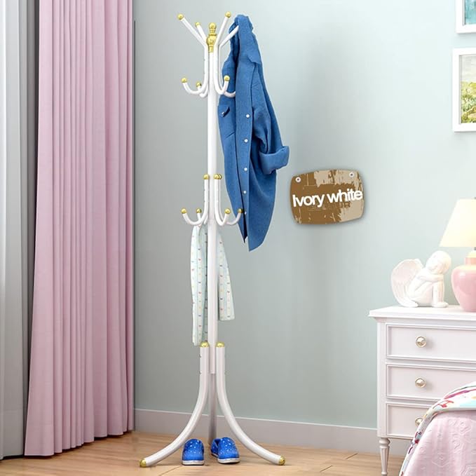 Free-Standing Coat Rack Metal Stand Hanger 12-Hooks Organizer, Hall Tree Entry-Way Furniture for Hanging Up Jacket, Hand-Bag, Cloth, Hat, Winter Scarf Holder for Home or Office Floor White