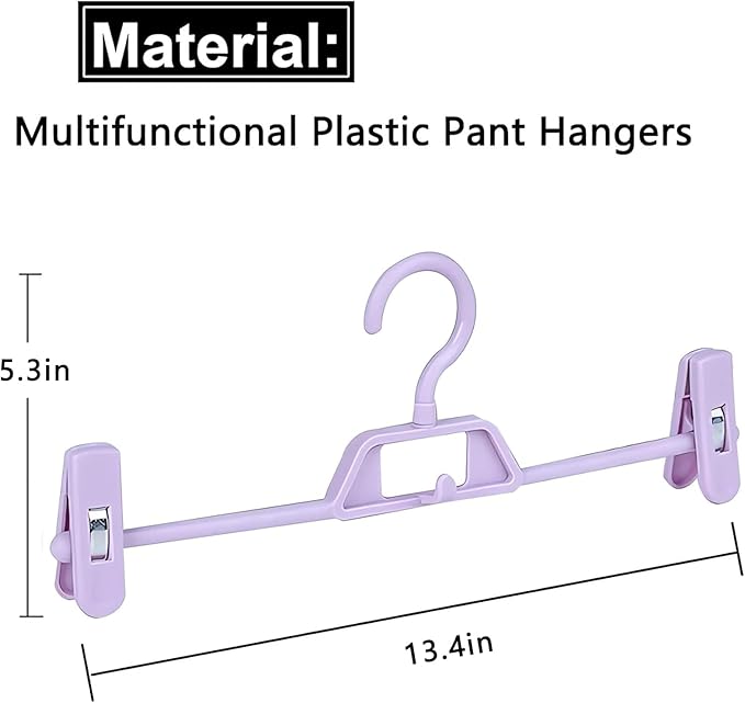 Plastic Pant Hangers with Clips, 10 Pcs Pants Hangers with 360°Rotating & Adjustable Clips, Stackable Clothes Hanger for Skirt, Closet Organizer and Storage | Space Saving (Purple)
