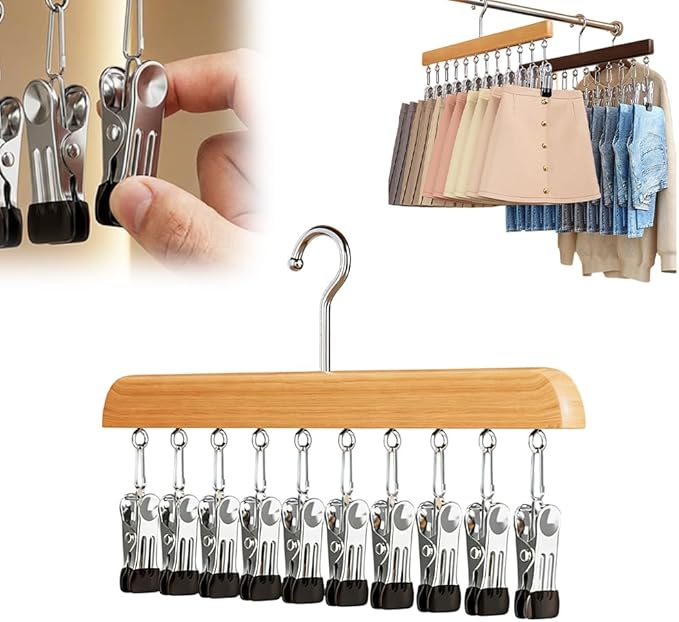 Closet Organizer with 10 Clips, Legging Organizer for Closet, Leggings, Jeans, Hats, Shorts, Socks, 360° Rotating Space Saving Hanging Clothes (Brown 10 Clips, 1Pcs)