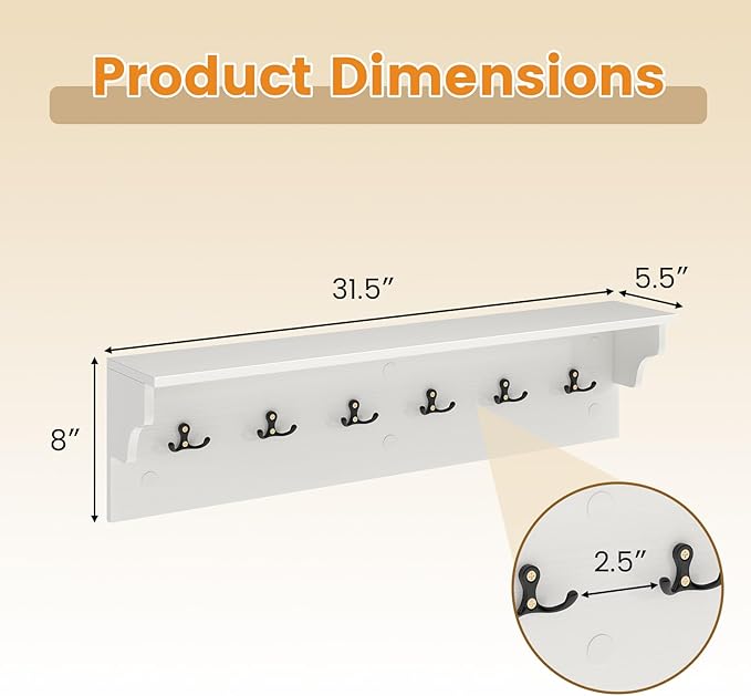 Giantex Coat Rack Wall Mount, 31.5" Wooden Coat Hooks with Shelf, Wall Clothes Rack w/ 6 Dual Hooks for Hats Towels Purses Robes, Floating Display Shelf for Living Room Bedroom Entryway, White