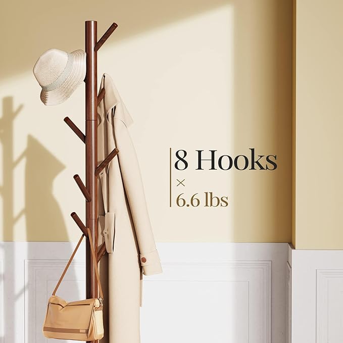 Pipishell Sturdy Wooden Coat Tree with 8 Hooks, 3 Adjustable Sizes for Clothes, Hat Stand Used in Bedroom/Office/Entryway, Brown