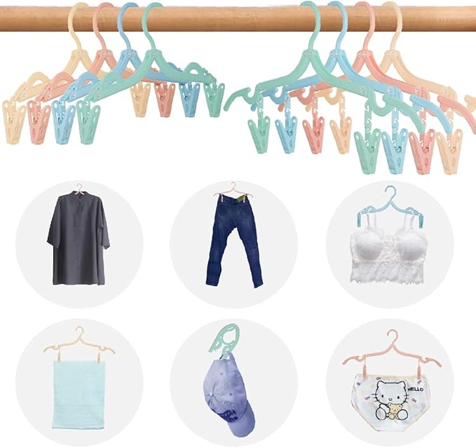 12 Pcs Folding Clothes Hangers, Portable Travel Clothes Hangers with Clips Plastic Non-Slip Pants Skirts Underwear Clothes Hangers Drying Rack for Home Outdoor Travel (Solid Color-12Pcs)