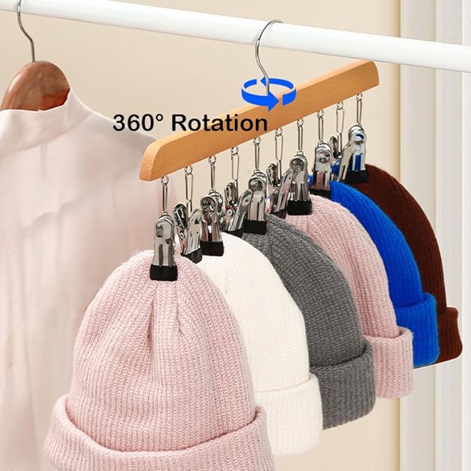 4 Pack Hat Hangers for Closet Display, Wooden Hat Storage Organizer with 40 Metal Clips for Baseball Caps, Winter Hat Rack for Beanie, Skullies, Visors, Walnut Brown Color