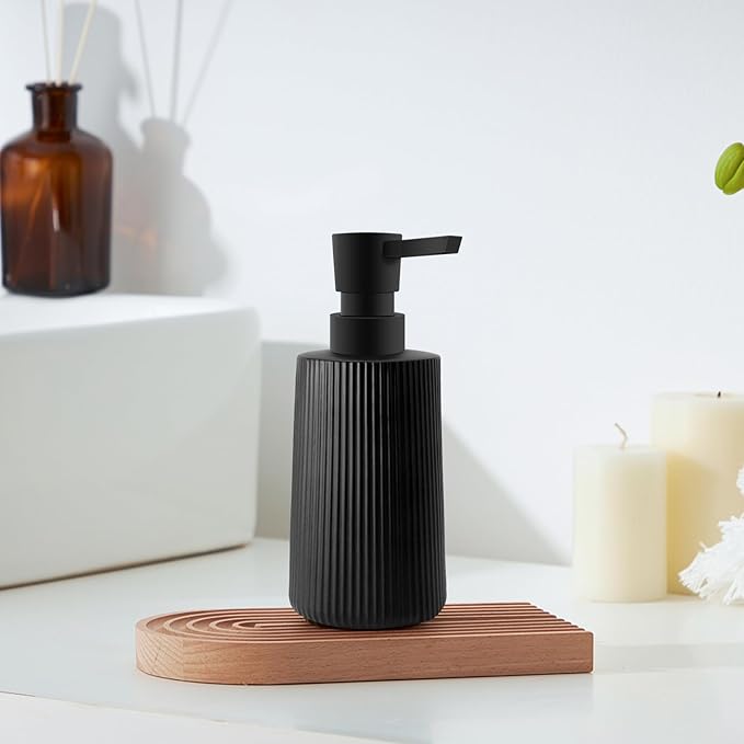 Glass Soap Dispenser for Bathroom, 250ml/8.5oz Dish Soap Dispenser with Pump for Kitchen, Modern Minimalist Stripe Style Hand Soap Dispenser, Small Refillable Soap Dispenser (Black 2pcs)