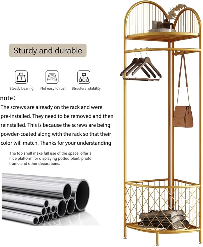 corner coat rack,corner hall tree,metal clothes rack,gold clothing rack with storage basket and hooks for bedroom,living room,entryway.corner storage rack for clothes.