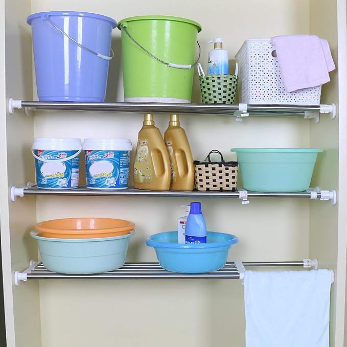 BAOYOUNI Tension Closet Shelf Heavy Duty Organizer Rack Stainless Steel Expandable Storage Shelves Rod Ivory, 39.76-60.04 Inch