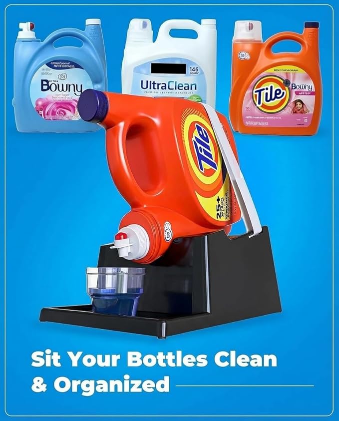 Skywin TidyFriend No-Spill Liquid Laundry Detergent Dispenser Holder, Laundry Soap Dispenser Holder with Drip Tray for Laundry Room Organization (No Strap, Black)