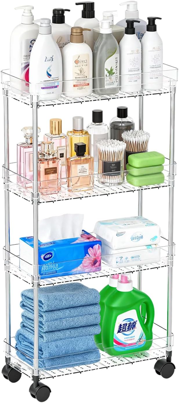 4 Tier Slim Storage Cart with Wheels Slim Rolling Utility Cart Mobile Shelving Units Organizer for Narrow Space in Home Kitchen Bathroom Laundry Room Transparent (Width 6.3 Inches)