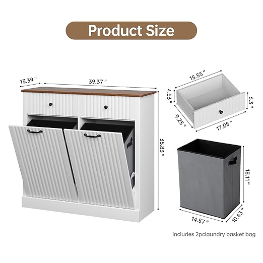 Fluted Tilt Out Laundry Hamper Cabinet, 10 Gallon Hidden Trash Can Cabinet, Wooden 2 in 1 Tilt Out Garbage Can for Kitchen, Bathroom (Antique White, Full)