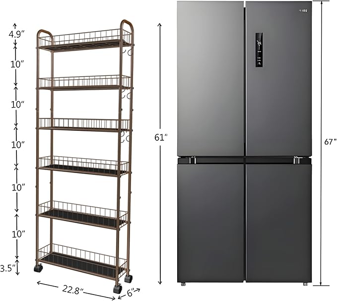6in 6-Tier Slim Storage Cart with Wheels, Narrow Rolling Shelf,Sturdy Slim Storage Ideal for Kitchen, Bathroom, and Laundry Room (Champagne Gold)