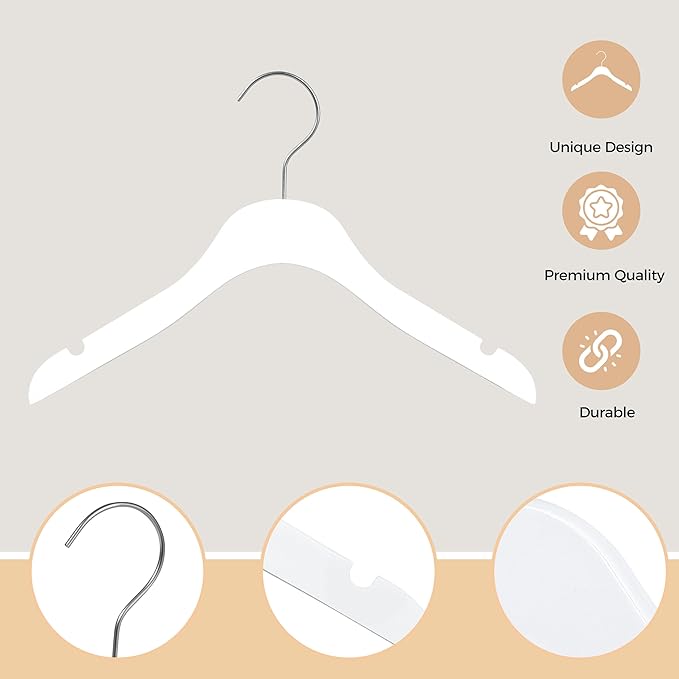 Quality 12-Inch Ultra Slim Kids Wooden Hangers – 100-Pack – Space Saving White Design with Nickel Swivel Hook – for Baby Clothes, Shirts & Dresses (White, No Bar, 100 Pack)